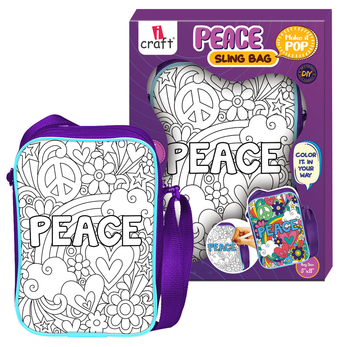 iCraft PEACE Sling Bag DIY Kit - Color Your Own Bag for Kids iCraft